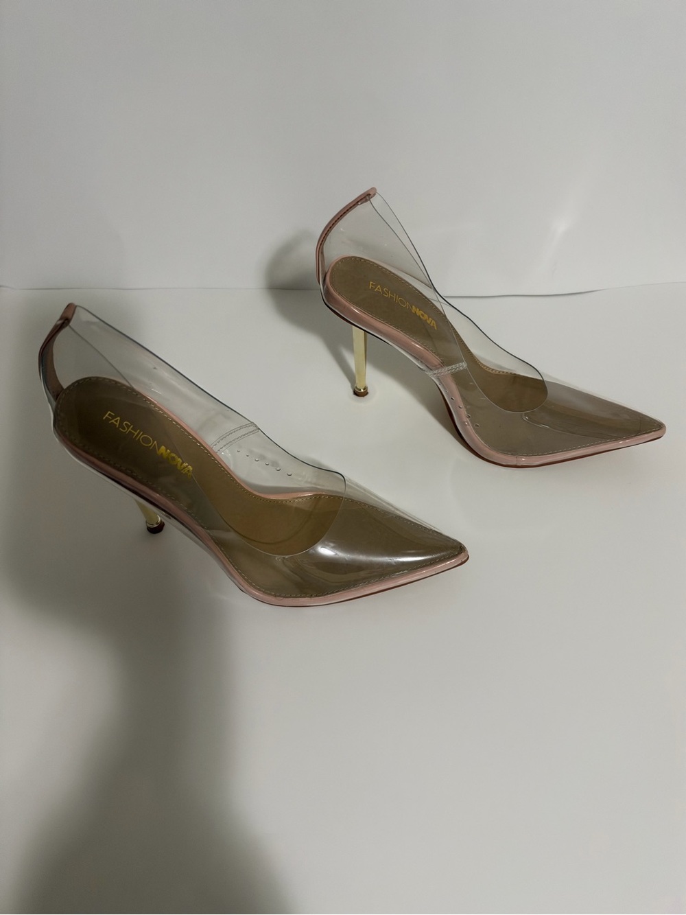 Fashion Nova Clear Pointed-Toe Slingback Heels with Pink Trim and Gold Heel